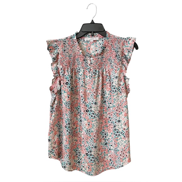 LOFT Top Women's Sz M Pink Floral Ruffle Short Sleeve Lightweight Airy Easy Care - Picture 1 of 6